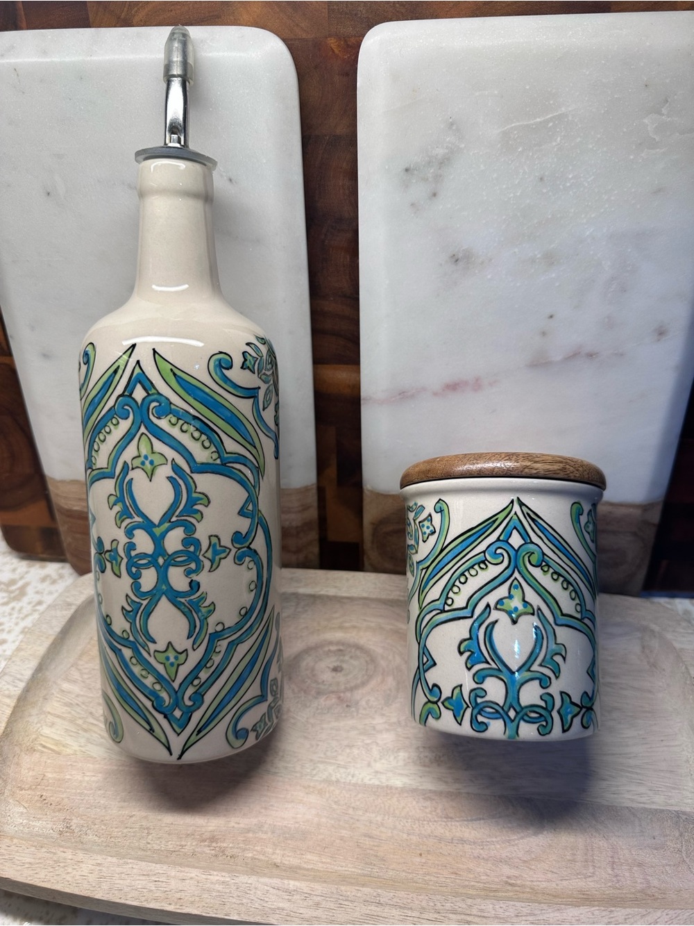Olive Oil Bottle & Salt Jar Set in Cream Blue-Green Pattern from World Market
